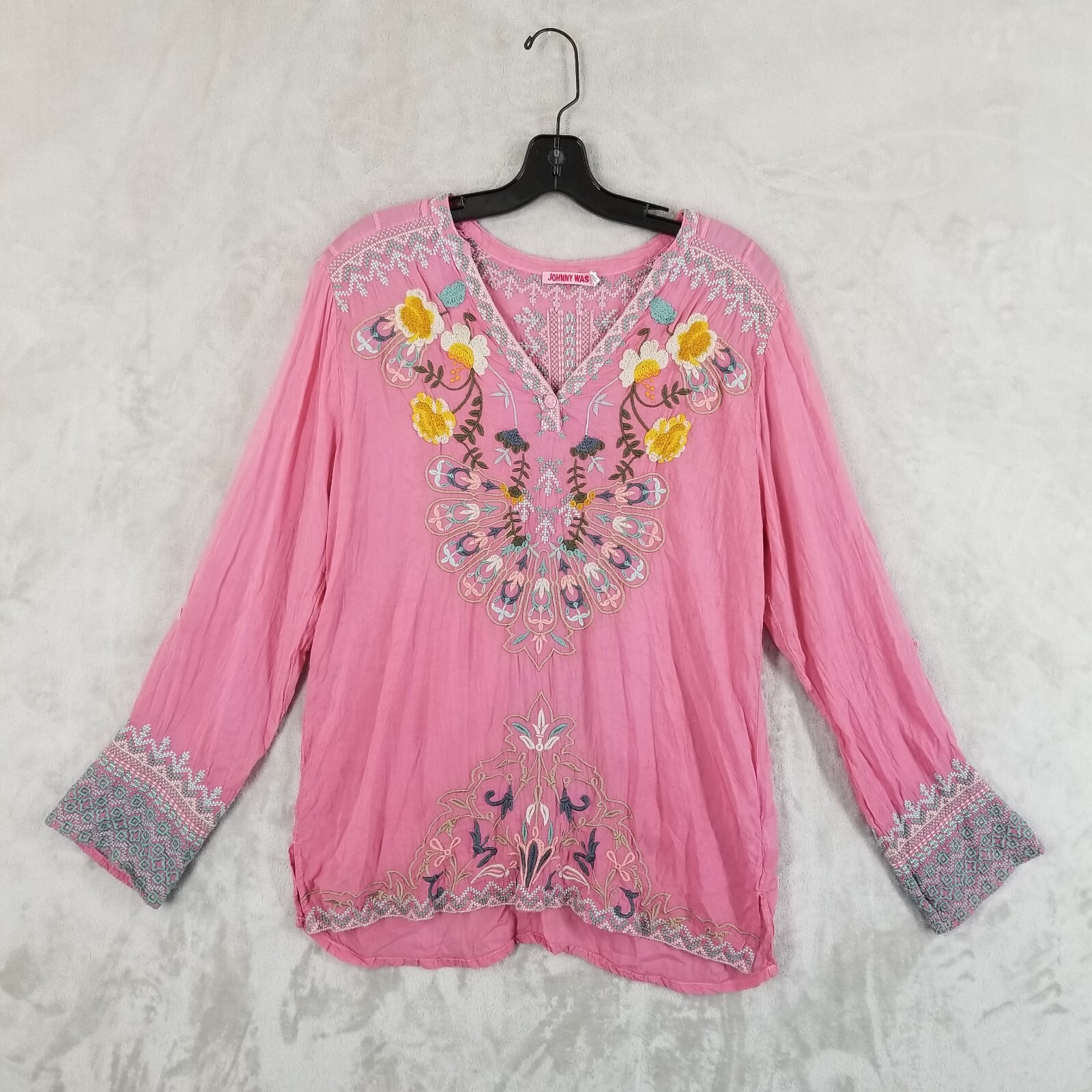 Johnny Was Tunic Women Medium Pink Embroidered Boho Peasant Flowy Top Eclectic